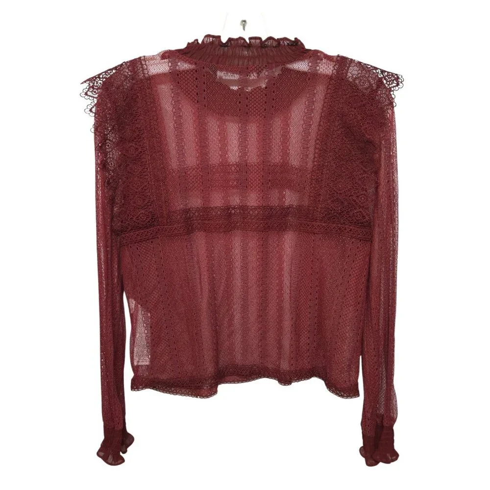 Zara Sheer Lace Blouse S Smocked Ruffle Burgundy Red Boho Romantic Whimsigoth - Picture 6 of 15